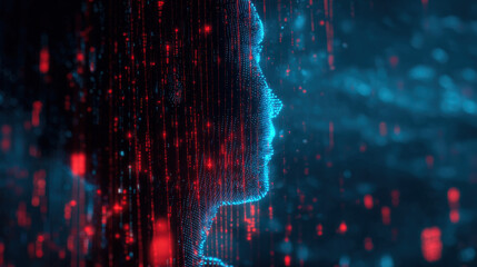 Abstract neon data network silhouette formed from binary code on dark background, symbolizing anonymous hackers and cybersecurity threats