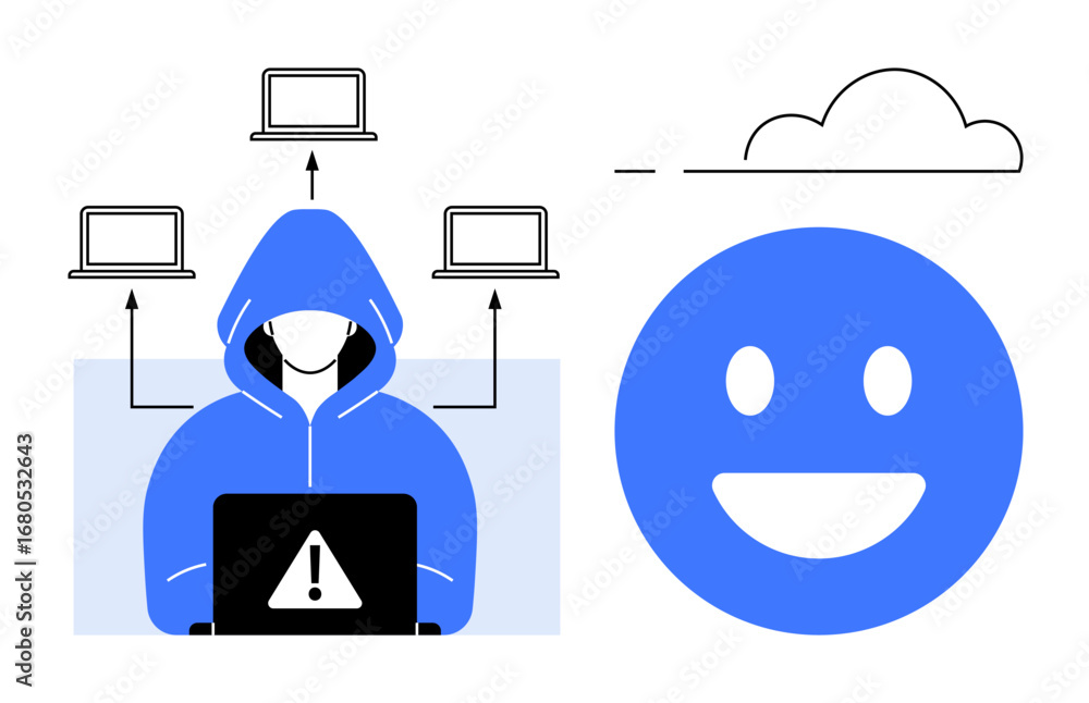Poster hacker wearing a hoodie with a laptop displaying a warning sign. connected computers and smiling fac