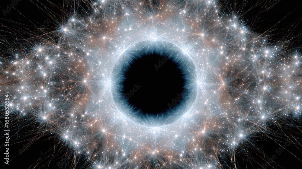 Poster digital art piece that appears to be a representation of a black hole. the black hole is in the cent