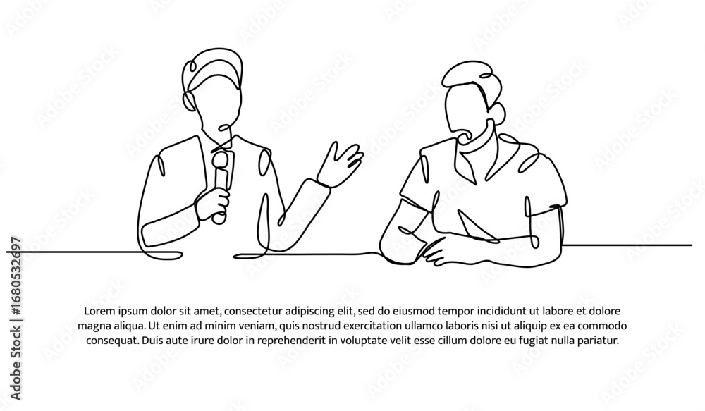 Poster one line of two men are on a podcast. abstract minimal continuous line.