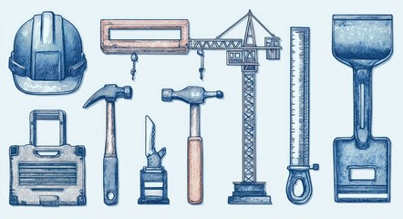 Obraz premium Construction tools in a set, hand-drawn style