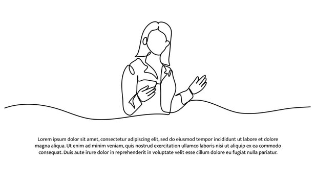 One line of a woman speaking at a seminar. Abstract minimal continuous line.