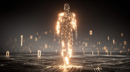 Abstract neon data network silhouette formed from binary code on dark background, symbolizing anonymous hackers and cybersecurity threats