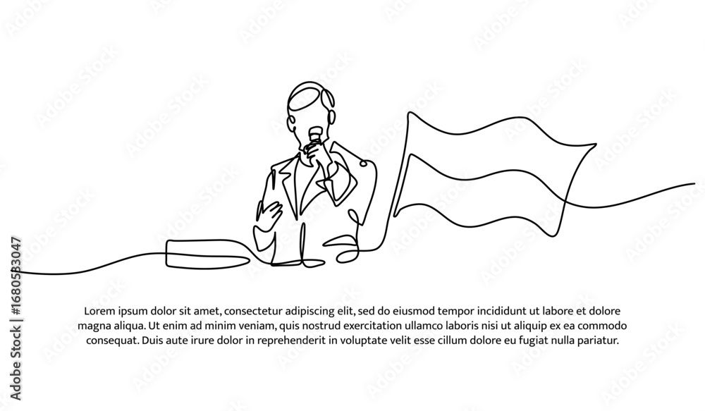 Poster one line of giving a speech on the podium. abstract minimal continuous line.