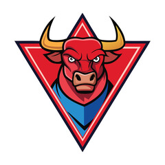 Fierce red bull mascot with sharp horns inside a red triangle emblem