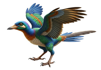 Fototapeta premium A vibrant, detailed illustration of a multicolored bird in flight, showcasing intricate feather patterns and rich hues against a striking black backdrop.