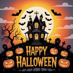 Spooky Halloween Scene with Haunted House Bats Pumpkins and a Full Moon Creating a Festive and Eerie Atmosphere
