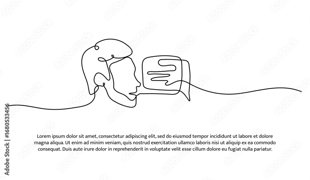 Poster one line of communication in bubble chat. abstract minimal continuous line.