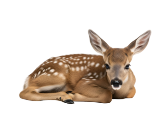 A fawn, lying down, with spotted fur, against a black backdrop, exuding a peaceful and delicate atmosphere.