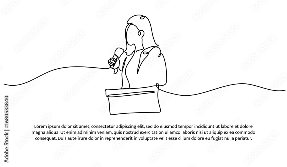 Poster one line of giving a speech on the podium. abstract minimal continuous line.