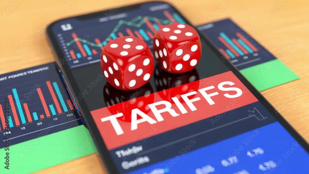 Aufkleber close up of two red dice on a smartphone displaying tariffs with stock charts in the background