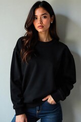 Fototapeta premium A classic black sweatshirt, soft and comfortable, perfect for layering or wearing alone The fabric is smooth and shows minimal texture Ideal for casual wear and relaxed styling , garment, black