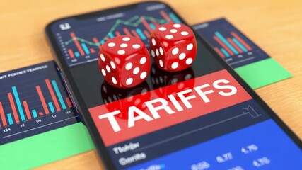 Close up of two red dice on a smartphone displaying tariffs with stock charts in the background - Powered by Adobe