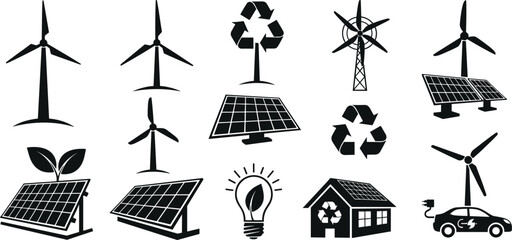 Renewable energy icons, solar panels, wind turbines, electric car, green house, recycling symbols, sustainable power, eco-friendly technology, clean energy, environmental protection