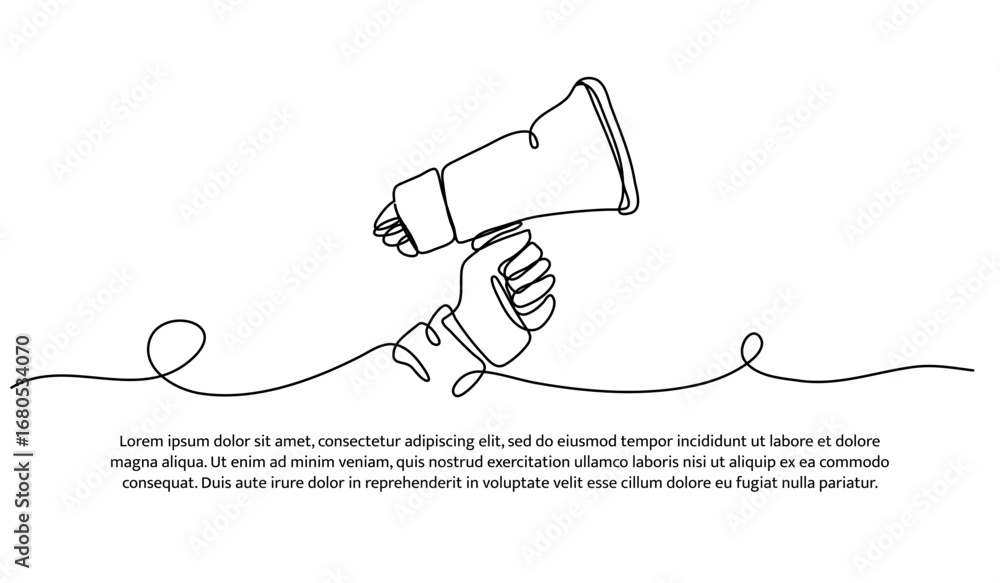 Poster one line of holding a megaphone. abstract minimal continuous line.