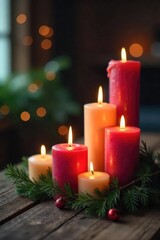 Flickering Christmas Candles Warm Glow on Rustic Wood, Perfect for Holiday Decor