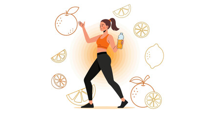 Female Exercising, Offering Healthy Juice, Promoting Citrus Fruits For Wellness And Wellbeing