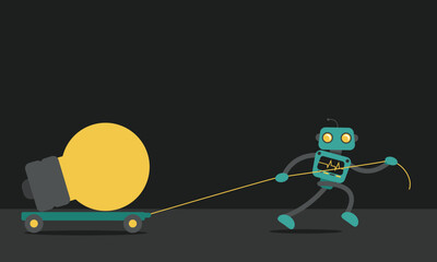 Vector illustration of a robot pulling a trolley with a giant light bulb, symbolizing big idea, creativity, innovation, smart solutions, and inspiration in business and technology.