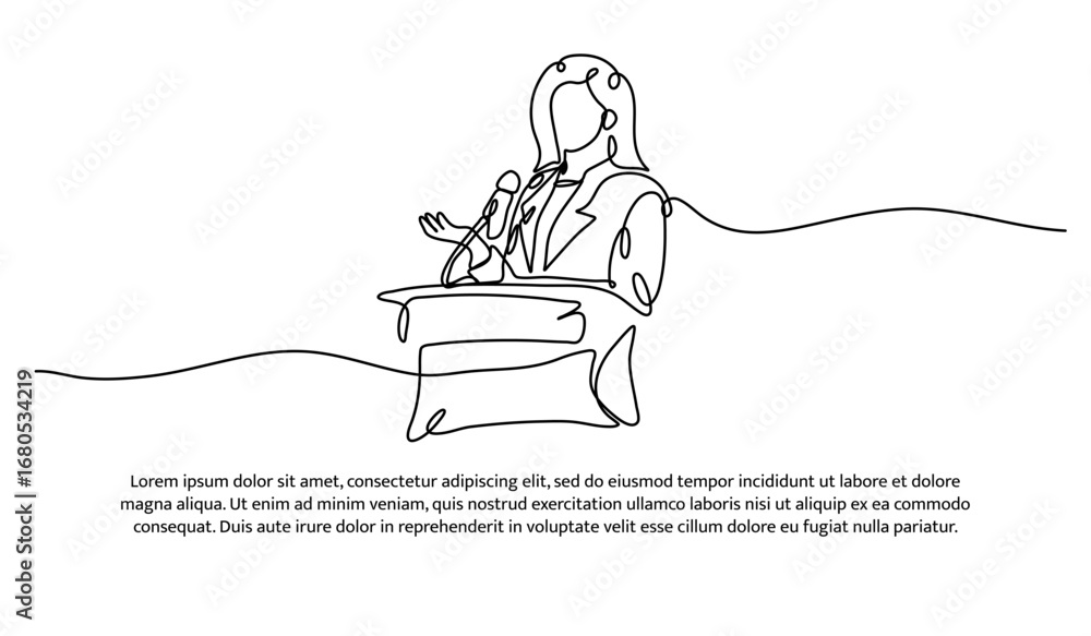 Poster one line of a woman is giving a speech at the podium. abstract minimal continuous line.