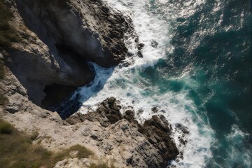 Cliffs overlooking crashing waves under bright sunlight.