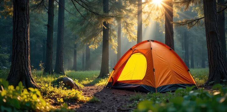 A cozy camping tent pitched in a serene forest clearing, sunlight dappling through the trees Perfect for adventure, nature, and outdoor living imagery , tent pegs, woods, camping trip