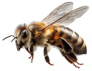 Here we have a detailed close up of a bee captured against a white background