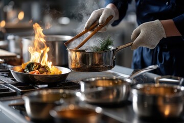 A chef is cooking fresh vegetables in a wok on a hot stove