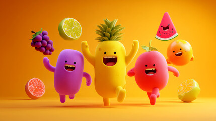 Cute Fruit Characters Jumping on Orange Background