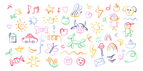 Kid school doodles with colorful rainbow and flowers, hearts and stars, sun and animals for playful designs. Childlike drawings with house and car for classroom decorations or educational materials