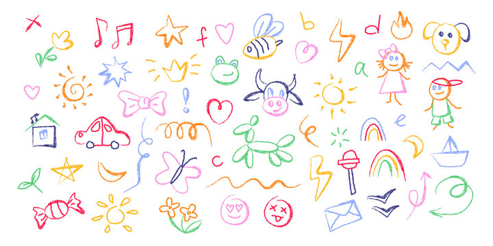 Kid school doodles with colorful rainbow and flowers, hearts and stars, sun and animals for playful designs. Childlike drawings with house and car for classroom decorations or educational materials