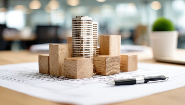 Wooden building blocks model on blueprints, office setting