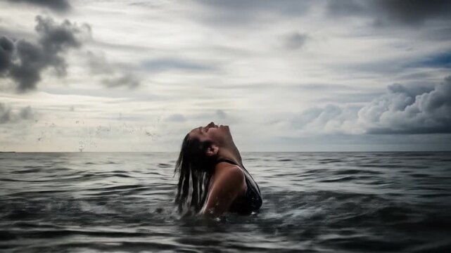 Dynamic shot of a woman flipping her wet hair in the ocean, creating a beautiful water splash under an overcast sky.