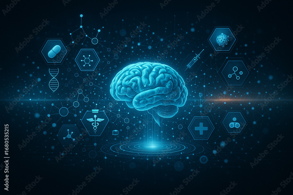 Poster ai generated futuristic illustration showing a glowing human brain connected with medical symbols dn