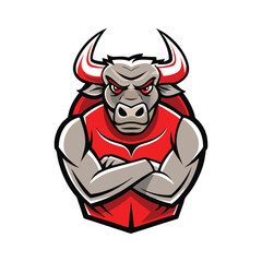 Mascot of a muscular bull wearing a red vest with arms crossed