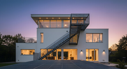 A house with an exterior staircase made of steel grating