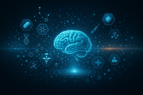 AI generated futuristic illustration showing a glowing human brain connected with medical symbols DNA molecules and digital networks symbolizing innovation science and technology integration
