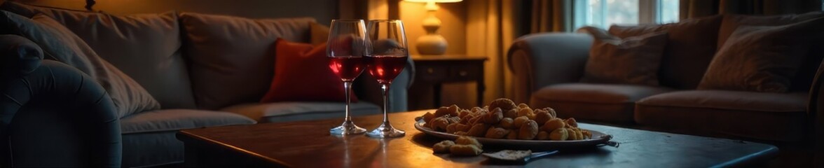 Obraz premium A dimly lit room, comfortable couch, empty wine glass, scattered snacks, relaxed posture suggesting post-drinks contentment , dark, winding-down