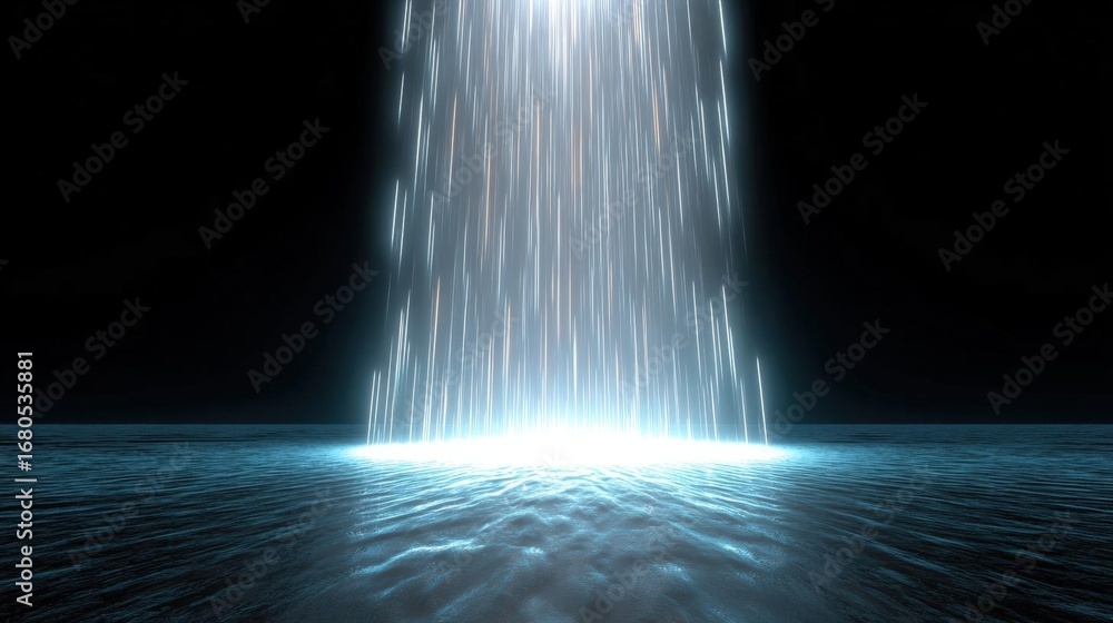 Poster long, flowing light show in the middle of the ocean at night. the light show is made up of multiple 