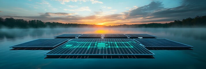 Floating solar arrays on misty lake at dawn with green tech interface smart water energy concept tranquil blue palette
