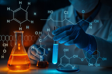 AI generated scientist hand holding glowing blue test tube with chemical formulas molecular structures and orange flask showing innovation precision and futuristic laboratory atmosphere