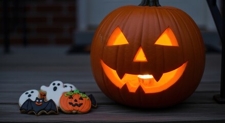 Delightful Halloween pumpkin smiles next to spooky cookies on rustic porch
