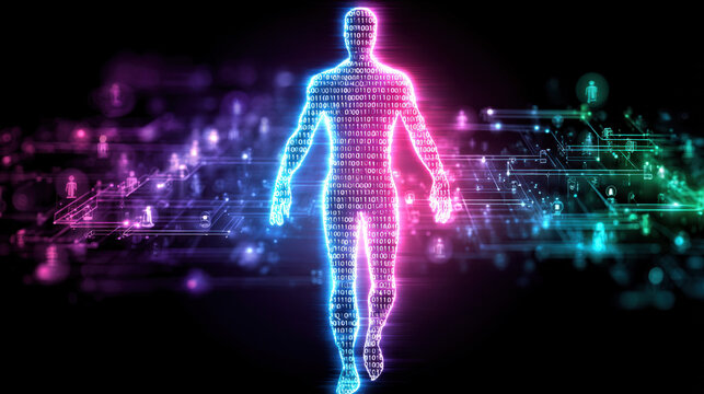 Abstract neon data network silhouette formed from binary code on dark background, symbolizing anonymous hackers and cybersecurity threats