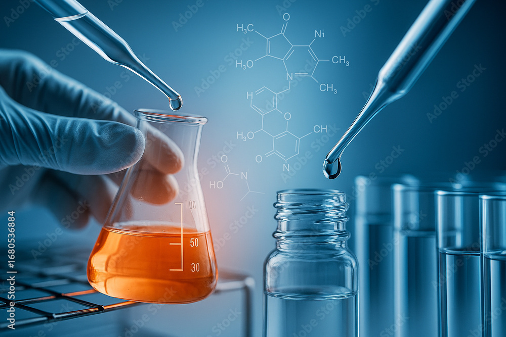 Aufkleber ai generated scientist hand holding flask with orange liquid and pipette dropping substance surround