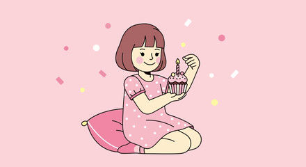 Joyful Girl Celebrating Her Birthday with a Delicious Cupcake and Lit Candle