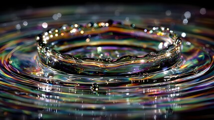 A vibrant, colorful water droplet splash creates concentric rings, showcasing iridescent patterns and light reflections.