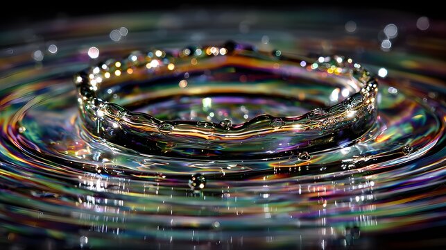 A vibrant, colorful water droplet splash creates concentric rings, showcasing iridescent patterns and light reflections.