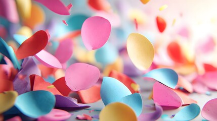 Vibrant, multicolored paper shapes float and cascade in a joyous display of festive energy.