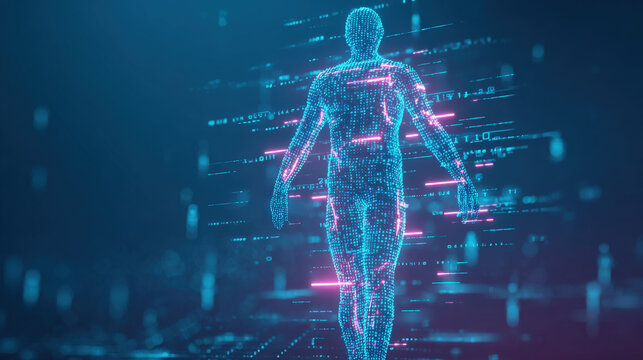 Abstract neon data network silhouette formed from binary code on dark background, symbolizing anonymous hackers and cybersecurity threats