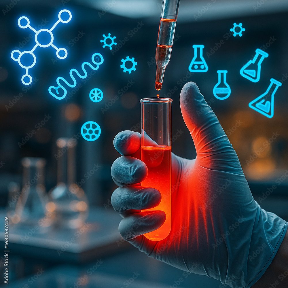 Poster ai generated digital artwork showing a glowing red orange test tube held by gloved hand with pipette