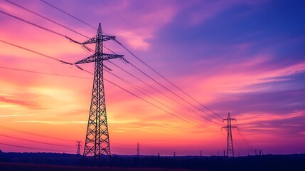 Dramatic Sunset/Sunrise Sky, Orange-Red to Purple-Blue Gradient, Lit Clouds & Power Towers